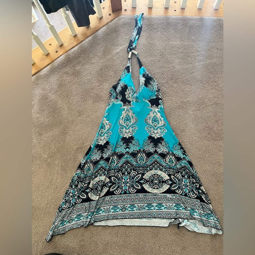 Elegant Blue and Teal Halter Maxi Dress
